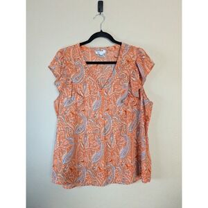 DR2 Orange Paisley Flowy Blouse  Short Sleeve V Neck Sz XL Ruffles Boho Chic